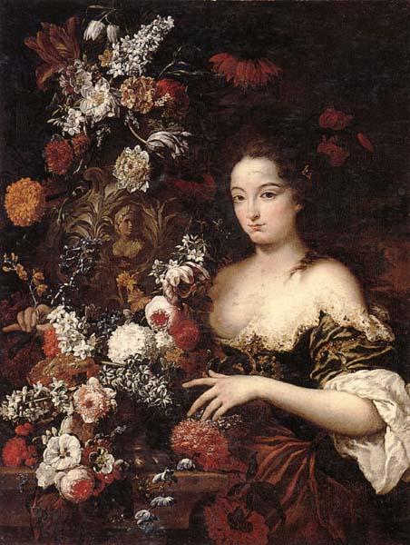  A still life of various flowers with a young lady beside an urn